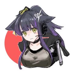 Rule 34 | 1girl, animal ears, arknights, black choker, black hair, black jacket, breasts, brown eyes, brown shirt, cat ears, choker, closed mouth, collarbone, commentary request, cropped torso, headphones, headset, highres, jacket, jessica (arknights), jessica the liberated (arknights), long hair, looking at viewer, medium breasts, multicolored hair, ponytail, purple hair, red background, shirt, signature, solo, streaked hair, touno (akarino), two-tone background, upper body, white background
