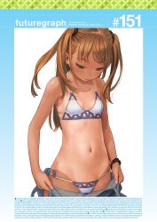 Rule 34 | 10s, 1girl, 2016, artist name, bikini, blonde hair, blush, breasts, closed mouth, cowboy shot, dated, english text, green eyes, halterneck, head down, highres, long hair, murata range, navel, original, scrunchie, small breasts, solo, swimsuit, tan, tanline, two side up, watermark, web address