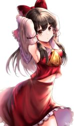 Rule 34 | 1girl, absurdres, armpits, arms behind head, artist name, ascot, black hair, bow, breasts, brown eyes, hair bow, hair tubes, hakurei reimu, highres, long hair, looking at viewer, medium breasts, midriff, navel, red bow, red skirt, sideboob, simple background, skirt, solo, tokikori, touhou, white background, yellow ascot