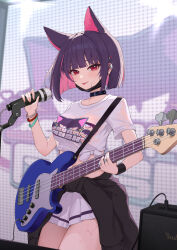 Rule 34 | 1girl, absurdres, animal ears, bass guitar, black choker, black hair, black jacket, black mask, blue archive, breasts, cat ears, choker, closed mouth, clothes around waist, colored inner hair, extra ears, hair ornament, hairclip, highres, holding, holding instrument, instrument, jacket, jacket around waist, kazusa (band) (blue archive), kazusa (blue archive), large breasts, looking at viewer, mask, mask pull, microphone, mouth mask, multicolored hair, official alternate costume, pink hair, pleated skirt, red eyes, shirt, short hair, short sleeves, skirt, solo, tongue, tongue out, wet, wet clothes, wet shirt, white shirt, white skirt, wish-tf