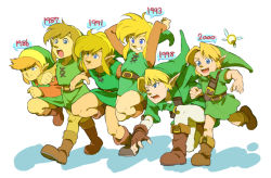 Rule 34 | 6+boys, aged down, aged up, blonde hair, blue eyes, brown hair, grin, happy, hat, jump, link, male focus, multiple boys, multiple persona, nintendo, pantyhose, running, serious, smile, tatl, the legend of zelda, the legend of zelda: a link to the past, the legend of zelda: link&#039;s awakening, the legend of zelda: majora&#039;s mask, the legend of zelda: ocarina of time, the legend of zelda (nes), tunic, usikani, walking, young link, zelda ii: the adventure of link