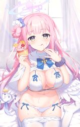 Rule 34 | 1girl, :q, absurdres, alpha (yukai na nakamatachi), angel wings, bikini, blue archive, blue bow, blue flower, blunt bangs, blush, bow, bow bikini, breasts, bright pupils, cake, capelet, cherry, cleavage, closed mouth, clothes lift, clothes pull, commentary request, curtains, curvy, eyelashes, floating hair, flower, food, food on body, food on breasts, food on face, fruit, gluteal fold, groin, hair bun, hair flower, hair ornament, halo, hands up, highres, holding, holding cake, holding food, indoors, knees out of frame, large breasts, licking lips, long hair, looking at viewer, mika (blue archive), navel, orange (fruit), orange slice, pantyhose, pantyhose pull, pink hair, pink halo, rainbow, shirt, shirt lift, sidelocks, signature, single side bun, sitting, skindentation, smile, solo, straight hair, suggestive fluid, swimsuit, thigh gap, tongue, tongue out, twitter username, very long hair, wariza, white bikini, white capelet, white pantyhose, white shirt, white wings, window, wings, yellow eyes