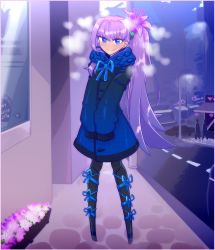 Rule 34 | 1girl, armor, blue eyes, blush, coat, fate/extra, fate/extra ccc, fate (series), flower, greaves, hair flower, hair ornament, heart, heart-shaped pupils, highres, lamppost, long hair, looking at viewer, meltryllis (fate), outdoors, ponytail, purple hair, scarf, smile, solo focus, symbol-shaped pupils, tenk, very long hair, winter clothes, winter coat