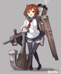 Rule 34 | 10s, 1girl, anchor, black thighhighs, brown eyes, brown hair, fang, grey background, hair ornament, hairclip, highres, ikazuchi (kancolle), kantai collection, knees together feet apart, looking at viewer, md5 mismatch, personification, resized, school uniform, serafuku, short hair, simple background, skirt, smile, solo, standing, sumisu (mondo), thighhighs