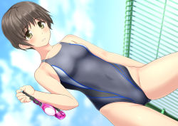 Rule 34 | 1girl, absurdres, blue one-piece swimsuit, blue sky, brown eyes, brown hair, cloud, competition swimsuit, contrapposto, cowboy shot, day, dutch angle, fence, gluteal fold, goggles, unworn goggles, grey one-piece swimsuit, highres, holding, holding goggles, logo, looking at viewer, one-piece swimsuit, original, outdoors, parted lips, short hair, sky, solo, swim cap, unworn swim cap, swimsuit, takafumi