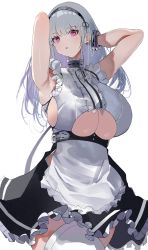 Rule 34 | 1girl, apron, armpits, azur lane, breasts, clothing cutout, dido (azur lane), duplicate, ekaki no mime, frilled apron, frills, hairband, highres, long hair, looking at viewer, maid, parted lips, purple eyes, sideboob, silver hair, sleeveless, thighhighs, underboob, white background, white thighhighs