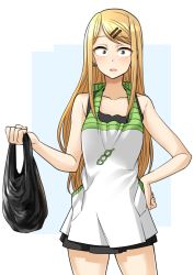 Rule 34 | 10s, 1girl, apron, bad id, bad pixiv id, bag, bare arms, black skirt, blonde hair, breasts, brown eyes, collarbone, commentary, cowboy shot, dagashi kashi, ear piercing, earrings, endou saya, hair ornament, hand on own hip, highres, holding, holding bag, jewelry, long hair, looking at viewer, open mouth, piercing, simple background, skirt, sleeveless, small breasts, solo, standing, yong-gok