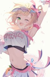 Rule 34 | 1girl, ;d, absurdres, arm up, armpits, blonde hair, blush, bouncing breasts, bow, breasts, cheerleader, collarbone, confetti, cowboy shot, crop top, fang, green eyes, hair bow, hair ornament, highres, hololive, large breasts, looking at viewer, medium breasts, midriff, mizu (lzzrwi603), momosuzu nene, momosuzu nene (cheerleader), navel, one eye closed, open mouth, pom pom (cheerleading), ribbon, shirt, short hair, simple background, skirt, smile, solo, standing, stomach, teeth, upper teeth only, virtual youtuber, visor cap, white background, white shirt, white skirt