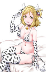 Rule 34 | 1girl, :d, animal ears, animal print, arm support, bare shoulders, bed, bed sheet, bell, bikini, blonde hair, blush, braid, breasts, cleavage, collar, collarbone, cow ears, cow print, cow print bikini, crown braid, earrings, elbow gloves, fake animal ears, gloves, groin, hair rings, halterneck, highres, horns, jewelry, large breasts, looking at viewer, love live!, love live! sunshine!!, medium hair, navel, neck bell, ohara mari, on bed, open mouth, print bikini, side-tie bikini bottom, sideboob, simple background, sitting, smile, smug, solo, swimsuit, tail, thighhighs, two-tone bikini, two-tone gloves, two-tone legwear, underboob, white background, yellow eyes, yopparai oni