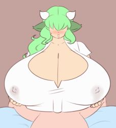 Rule 34 | 1boy, 1girl, animal ears, animated, animated gif, bouncing breasts, breasts squeezed together, breasts, cleavage, clothed female nude male, cow ears, cow girl, cow horns, covered erect nipples, gigantic breasts, green hair, hair over eyes, hetero, horns, long hair, nude, paizuri, paizuri under clothes, penis, shirt, theycallhimcake, white shirt