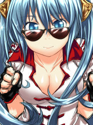 Rule 34 | 1girl, aqua eyes, aqua hair, black gloves, breasts, cleavage, cosplay, fingerless gloves, gloves, hair ornament, kaho (amal135), league of legends, lee sin, lee sin (cosplay), long hair, popped collar, solo, sona (league of legends), sunglasses, twintails