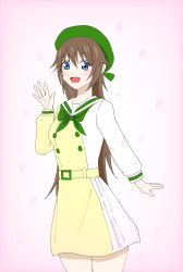 Rule 34 | 1girl, aqua eyes, artist name, artist request, asymmetrical sleeves, belt, beret, blue eyes, blush, bow, bowtie, breasts, brown hair, buttons, collarbone, collared shirt, dress, dress shirt, female focus, green bow, green hat, green neckerchief, green ribbon, hair between eyes, hand wave, hat, hat ribbon, highres, layered skirt, long hair, long sleeves, looking at viewer, love live!, love live! nijigasaki high school idol club, love live! school idol festival, miniskirt, mirai harmony, mismatched sleeves, nail, nail polish, neckerchief, osaka shizuku, parted lips, pink background, pink nails, plaid, plaid skirt, pleated, pleated skirt, puffy long sleeves, puffy sleeves, ribbon, sailor collar, sailor dress, shirt, skirt, small breasts, smile, solo, two-tone shirt, two-tone skirt, white sailor collar, white shirt, white skirt, yellow belt, yellow shirt, yellow skirt