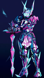 Rule 34 | 1boy, alternate form, armor, blue background, breastplate, commentary, fake horns, full armor, full body, gauntlets, greaves, helm, helmet, highres, holding, holding sword, holding weapon, horned helmet, horns, idk-kun, limited palette, lio fotia, male focus, pauldrons, pelvic curtain, planted, planted sword, planted weapon, plate armor, promare, sharp teeth, shoulder armor, simple background, solo, standing, sword, teeth, visor (armor), weapon
