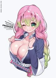 Rule 34 | 1girl, ;), belt, belt buckle, black jacket, blush, braid, breasts, buckle, bust cup, chinese commentary, cleavage, closed mouth, collarbone, commentary request, cropped torso, english text, gradient hair, green eyes, green hair, hair between eyes, heart, heart-shaped pupils, highres, jacket, kanroji mitsuri, kimetsu no yaiba, large breasts, long hair, long sleeves, looking at viewer, mole, mole under eye, multicolored hair, no bra, one eye closed, open clothes, open jacket, pink hair, sheath, sheathed, smile, solo, sosai salada, symbol-shaped pupils, twin braids, undressing, upper body, weapon, wet