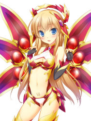 Rule 34 | 1girl, armor, blonde hair, blue eyes, blush, body (bacoborn), breasts, cleavage cutout, clothing cutout, crown, detached sleeves, jikuu ikusame oracle, long hair, looking at viewer, midriff, navel, open mouth, simple background, standing, tattoo, thighhighs, thighs, wings