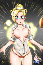 Rule 34 | 2girls, bad id, bad pixiv id, blonde hair, blouse, blue eyes, blush, breast expansion, breasts, breasts apart, bursting breasts, buttons, cameltoe, chibi, collarbone, collared shirt, covered erect nipples, cowboy shot, d.va (overwatch), dress shirt, emphasis lines, folded ponytail, glowing, hair intakes, halo, highres, jazz jack, jpeg artifacts, large breasts, long hair, looking down, mercy (overwatch), multiple girls, naked shirt, nipples, no bra, open clothes, open shirt, overwatch, overwatch 1, panties, popped button, red panties, see-through, shirt, solo focus, underwear, white shirt