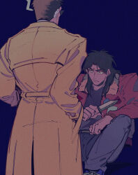 Rule 34 | 2boys, absurdres, black eyes, black hair, black shirt, blue background, bomber jacket, brown coat, brown jacket, closed mouth, coat, commentary request, endou yuuji, feet out of frame, frown, grey pants, hands in pockets, highres, holding, holding knife, inudori, itou kaiji, jacket, kaiji, knife, long hair, long sleeves, looking at another, male focus, medium bangs, multiple boys, pants, parted bangs, shirt, short hair, simple background, sunglasses, very short hair