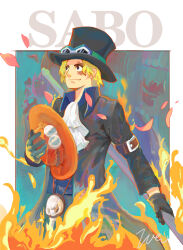 Rule 34 | 1boy, ascot, black gloves, blonde hair, character name, closed mouth, commentary request, fire, gloves, goggles, goggles on headwear, hat, highres, holding, holding clothes, holding hat, holding weapon, li yu xian sheng, male focus, one piece, sabo (one piece), scar, scar across eye, scar on face, short hair, signature, smile, solo, top hat, weapon, white ascot