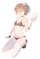 Rule 34 | 1girl, arknights, artist name, bikini, black bikini, black footwear, brown eyes, brown hair, clear regulus, closed mouth, commentary, duster, feather duster, full body, glasses, hair between eyes, holding, kneeling, maid, maid bikini, maid headdress, navel, shoes, short hair, silence (arknights), simple background, solo, swimsuit, thighhighs, unconventional maid, white background, white thighhighs