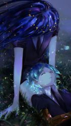 Rule 34 | 2others, androgynous, arm support, artist request, black neckwear, black shorts, blue hair, blue nails, collared shirt, crystal hair, closed eyes, gem uniform (houseki no kuni), glowing, glowing hair, golden arms, grass, green hair, houseki no kuni, lap pillow, lapis lazuli (houseki no kuni), long hair, looking at another, looking down, lying, multicolored hair, multiple others, nail polish, necktie, other focus, outdoors, phosphophyllite, puffy short sleeves, puffy sleeves, shirt, short hair, short shorts, short sleeves, shorts, sleeping, sleeping on person, white shirt