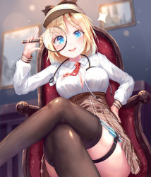 Rule 34 | 1girl, :d, black thighhighs, blonde hair, blouse, blue eyes, breasts, chair, cleavage, commentary request, crossed legs, deerstalker, hat, high-waist skirt, hololive, hololive english, magnifying glass, medium breasts, mogmog, necktie, open clothes, open mouth, open shirt, plaid, plaid skirt, shirt, sitting, skirt, smile, solo, sparkle, stethoscope, syringe, thighhighs, thighs, virtual youtuber, watson amelia, watson amelia (1st costume), zettai ryouiki