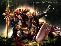Rule 34 | 2girls, ahri (league of legends), animal ears, armor, axe, bare shoulders, blood, breasts, detached sleeves, draaaaaaaaaven&#039;s axe (league of legends), ear protection, facial mark, female focus, forehead protector, fox ears, hand on another&#039;s face, injury, kiss, kissing forehead, korean clothes, league of legends, leona (league of legends), long hair, multiple girls, sachiel (sachielchen), sword, weapon, whisker markings, yellow eyes, yuri