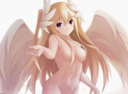 Rule 34 | 1girl, bad id, bad pixiv id, blonde hair, blush, breasts, cleavage, completely nude, covering privates, covering breasts, cowboy shot, date a live, earrings, feathered wings, groin, hair between eyes, hair over breasts, highres, hip focus, jewelry, keenh, long hair, looking at viewer, mayuri (date a live), medium breasts, navel, nude, out-of-frame censoring, outstretched hand, purple eyes, reaching, reaching towards viewer, side ponytail, simple background, smile, solo, very long hair, white background, wings