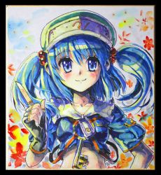 Rule 34 | 1girl, adapted costume, bad id, bad pixiv id, blue eyes, blue hair, crop top, female focus, hair bobbles, hair ornament, hat, kabutoyama, kawashiro nitori, key, marker (medium), matching hair/eyes, pointing, shikishi, short hair, smile, solo, touhou, traditional media, twintails, two side up, upper body