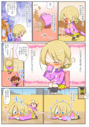 Rule 34 | &gt; &lt;, 4girls, aged down, arms up, balancing on head, blonde hair, blue eyes, braid, braided ponytail, brown hair, chibi, closed eyes, closed mouth, comic, commentary, commentary request, constricted pupils, cup, dancing, darjeeling (girls und panzer), english commentary, flying sweatdrops, frown, girls und panzer, gloom (expression), hair over shoulder, highres, indoors, jacket, jinguu (4839ms), kindergarten uniform, long sleeves, looking at another, lying, mixed-language commentary, motion lines, mug, multiple girls, on chair, on stomach, orange hair, orange pekoe (girls und panzer), outdoors, pink jacket, pleated skirt, red hair, rosehip (girls und panzer), rukuriri (girls und panzer), single braid, sitting, skirt, smile, snot, spill, spilling, standing, tea, teacup, teapot, tearing up, thermos, translation request, trembling, tripping, twin braids, v-shaped eyebrows, wooden floor, yellow skirt