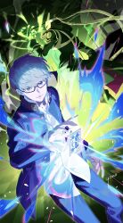 Rule 34 | 1boy, arm at side, artist name, aura, black-framed eyewear, black jacket, black pants, blue eyes, collared shirt, commentary request, feet out of frame, fighting stance, floating clothes, glasses, grey hair, hand up, highres, izanagi (persona 4), jacket, long sleeves, looking at viewer, narukami yuu, nose, open clothes, open jacket, open mouth, pants, persona, persona (summon), persona 4, reaching, school uniform, shirt, short hair, simple background, smile, solo, standing, tarot, tarot (card), upturned eyes, white shirt, yasogami school uniform, yono 999