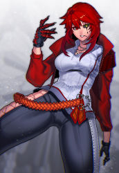 Rule 34 | 1girl, armor, asymmetrical gloves, bad id, bad pixiv id, belt, black sclera, breasts, chain necklace, chromatic aberration, claws, colored sclera, cropped jacket, cyborg, eartha (jjune), facial tattoo, faulds, gloves, heterochromia, highres, jacket, jjune, large breasts, mismatched gloves, mole, mole under mouth, necklace, original, pants, red eyes, red hair, red jacket, skindentation, solo, tattoo, yellow eyes