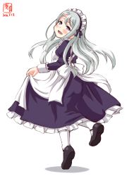 Rule 34 | 1girl, alternate costume, arched back, artist logo, asymmetrical bangs, blue dress, clothes lift, commentary request, dated, dress, dress lift, enmaided, from behind, full body, grey hair, highres, kanon (kurogane knights), kantai collection, long hair, looking at viewer, looking back, maid, maid headdress, pantyhose, purple eyes, sagiri (kancolle), shaft look, simple background, smile, solo, swept bangs, white background