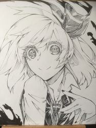 Rule 34 | + +, 1girl, closed mouth, cross, cross earrings, earrings, fingernails, greyscale, hand up, highres, jewelry, looking at viewer, medium hair, monochrome, nail polish, necktie, photo (medium), rumia, shirt, shukusuri, smile, solo, touhou, traditional media, vest