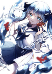 Rule 34 | 1girl, bad id, bad pixiv id, blue eyes, blue hair, bottle miku, closed mouth, commentary, fish, goldfish, hatsune miku, long hair, looking at viewer, sailor, school uniform, serafuku, skirt, smile, solo, twintails, vocaloid, water, white background, yukki 0125