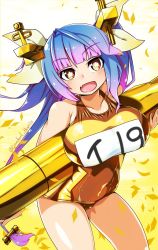 Rule 34 | 1girl, alternate color, blue hair, breasts, commentary request, confetti, cowboy shot, flower-shaped pupils, gold one-piece swimsuit, hair ornament, haniyama kurofo, highres, holding, holding torpedo, i-19 (kancolle), kantai collection, large breasts, long hair, looking at viewer, name tag, one-piece swimsuit, red eyes, school swimsuit, smile, solo, star-shaped pupils, star (symbol), swimsuit, symbol-shaped pupils, torpedo, tri tails
