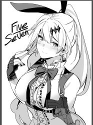 Rule 34 | 1girl, asakawa (outeq), bare shoulders, blouse, blush, bow, breasts, character name, crescent, crescent earrings, earrings, fingerless gloves, fingernails, five-seven (girls&#039; frontline), fn five-seven, frilled shirt, frills, girls&#039; frontline, gloves, greyscale, gun, hair between eyes, hair ornament, hair ribbon, hand in own hair, handgun, high ponytail, holster, holstered, jewelry, large breasts, looking at viewer, monochrome, name connection, object namesake, pdw-caliber pistol, pistol, rabbit hair ornament, ribbon, shirt, sidelocks, solo, tsurime, unfinished, upper body, weapon, white background