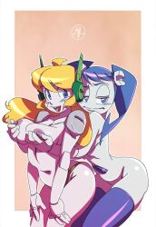 Rule 34 | 2girls, android, blonde hair, blue eyes, blue hair, colored skin, cowboy shot, curly brace, doukutsu monogatari, half-closed eyes, highres, jenny wakeman, joints, long hair, looking at viewer, multiple girls, my life as a teenage robot, navel, nipples, no nose, nude, open mouth, outline, pennicandies, robot, robot ears, robot joints, smile, white outline, white skin, yuri