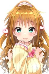 Rule 34 | 10s, 1girl, :3, blush, bow, brown hair, green eyes, hair intakes, hair ornament, hair scrunchie, hand to own mouth, heart, high ponytail, hino akane (idolmaster), idolmaster, idolmaster cinderella girls, lips, long hair, looking at viewer, off-shoulder, off-shoulder sweater, off shoulder, ponytail, ribbed sweater, scrunchie, sleeves past wrists, solo, sweater, trente, turtleneck, upper body, wavy hair