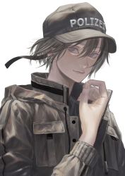 Rule 34 | 1boy, black hat, blue eyes, blush, brown hair, closed mouth, earrings, ears visible through hair, hair between eyes, hat, highres, jacket, jewelry, male focus, open clothes, open jacket, original, simple background, solo, unknown (jckvuzuqjnpdie3), upper body, white background, zipper