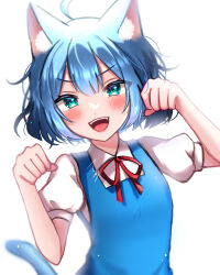 Rule 34 | 1girl, 380u0, :d, absurdres, animal ears, blue eyes, blue hair, cat ears, cat tail, cirno, clenched hands, commentary, highres, looking at viewer, open mouth, paw pose, short hair, short sleeves, simple background, smile, solo, tail, teeth, touhou, upper teeth only, white background