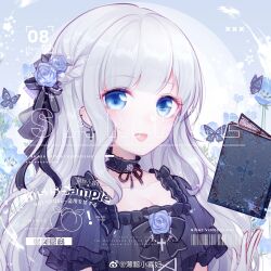 1girl barcode bible_(object) black_bow black_bowtie black_choker black_dress black_ribbon blue_background blue_butterfly blue_eyes blue_flower blue_rose blunt_bangs book boqing_xiao_guafu bow bowtie braid breasts bug butterfly chinese_commentary choker cleavage collarbone commentary_request commission cross cross-laced_clothes cross-laced_dress cross_earrings dress earrings eyelashes floral_background flower flower_brooch frilled_choker frilled_dress frilled_sleeves frills gloves hair_bow hair_flower hair_ornament highres insect jewelry light_blush light_particles long_hair multiple_hair_bows neck_flower neck_ribbon nemophila_(flower) object_floating_above_hand open_book open_mouth original purple_flower purple_rose ribbon rose sample_watermark short_sleeves side_braid sidelocks smile solo square_neckline star_(symbol) too_many_watermarks upper_body very_long_hair watermark wavy_hair weibo_watermark white_gloves white_hair