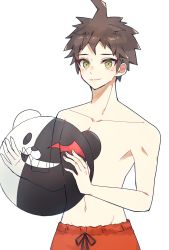 Rule 34 | absurdres, ahoge, ball, brown eyes, brown hair, collarbone, commentary request, cowboy shot, danganronpa (series), danganronpa 2: goodbye despair, danganronpa s: ultimate summer camp, drawstring, highres, hinata hajime, holding, holding ball, looking at viewer, lun (dbvajzr), male focus, male swimwear, monokuma, navel, objectification, official alternate costume, red male swimwear, red swim trunks, short hair, simple background, smile, solo, spiked hair, swim trunks, swimsuit, topless male, white background