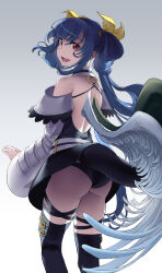 Rule 34 | 1girl, angel wings, ass, asymmetrical wings, back, bare shoulders, black panties, black thighhighs, blue hair, butt crack, detached collar, detached sleeves, dizzy (guilty gear), from behind, guilty gear, guilty gear xrd, hair rings, highres, long hair, looking at viewer, monster girl, o-ring, open mouth, panties, red eyes, shaded face, simple background, smile, tail, thick thighs, thigh strap, thighhighs, thighs, touniyuu, twintails, underwear, wedgie, white background, wings