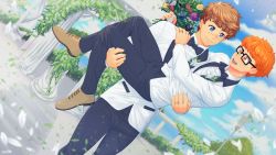 Rule 34 | 2boys, arm around shoulder, black pants, blue eyes, bouquet, bow, bowtie, brown hair, carrying, closed mouth, cloud, couple, day, falling petals, flower, formal, highres, husband and husband, jewelry, male focus, multiple boys, open mouth, orange eyes, orange hair, original, outdoors, pants, petals, princess carry, ring, scar, short hair, sky, smile, suit, suiton, wedding, wedding ring, white petals, white suit, yaoi