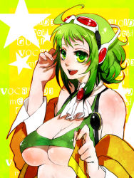 Rule 34 | 1girl, bad id, bad pixiv id, breasts, female focus, goggles, goggles on head, green eyes, green hair, gumi, headphones, matching hair/eyes, gumi (v3 megpoid), omaru, open mouth, short hair, smile, solo, underboob, vocaloid