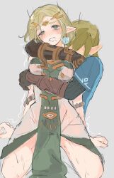 Rule 34 | 1boy, 1girl, arms at sides, bare shoulders, blonde hair, blue tunic, blush, breasts, clenched teeth, clothed sex, dress, elf, green eyes, hair over eyes, hatenokatasumi, heart, heart-shaped pupils, highres, implied sex, kneeling, link, link (tears of the kingdom), medium breasts, medium hair, nintendo, pointy ears, princess zelda, restrained, strapless, strapless dress, symbol-shaped pupils, teeth, the legend of zelda, the legend of zelda: tears of the kingdom, tunic, white dress