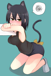 Rule 34 | 1girl, animal ears, armpits, ass, bare shoulders, black hair, black shorts, black skirt, blue background, blush, breasts, brown eyes, cat ears, cat tail, closed mouth, crossed arms, funami yui, large breasts, looking at viewer, looking to the side, shirt, short hair, shorts, sideboob, simple background, sitting, skirt, solo, speech bubble, tail, tennosuke (prprhskpr ten), yuru yuri