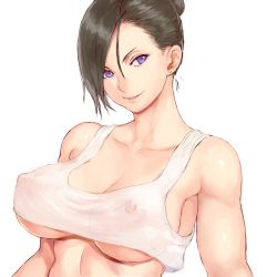 Rule 34 | 1girl, bare shoulders, breasts, brown hair, commentary, copyright request, earrings, hair bun, jewelry, large breasts, looking at viewer, muscular, muscular female, nipples, parted lips, purple eyes, shu-mai, simple background, single hair bun, smile, solo, tank top, upper body, white background