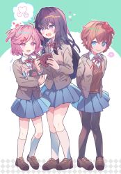 Rule 34 | 3girls, aicedrop, alternate legwear, arms behind back, black pantyhose, blue eyes, blue skirt, blush, book, brown footwear, commentary request, doki doki literature club, full body, grey jacket, heart, heart-shaped pupils, holding, holding book, jacket, kneehighs, long hair, looking at viewer, mary janes, multiple girls, natsuki (doki doki literature club), neck ribbon, open clothes, open jacket, outline, pantyhose, pink eyes, pink hair, pleated skirt, purple eyes, purple hair, red ribbon, ribbon, sayori (doki doki literature club), school uniform, shirt, shoes, short hair, signature, simple background, single empty eye, skirt, smile, socks, spoken heart, standing, symbol-shaped pupils, two side up, white outline, white shirt, white socks, yuri (doki doki literature club)