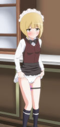 Rule 34 | 10s, 1girl, apron, artist request, black bow, black bowtie, black socks, blonde hair, blush, bow, bowtie, breasts, cameltoe, clothes lift, controller, cutlass (girls und panzer), embarrassed, female focus, girls und panzer, half-closed eyes, kneehighs, lifted by self, long sleeves, looking at viewer, maid headdress, matching hair/eyes, panties, red vest, remote control, remote control vibrator, sex toy, shirt, short hair, skirt, skirt lift, small breasts, socks, solo, standing, tears, thigh strap, underwear, vest, vibrator, vibrator cord, vibrator under clothes, vibrator under panties, white panties, white shirt, white skirt, yellow eyes